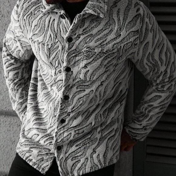 Multicolor Casual Men's Zebra Print Fleece Jacket - Picture 6 of 8